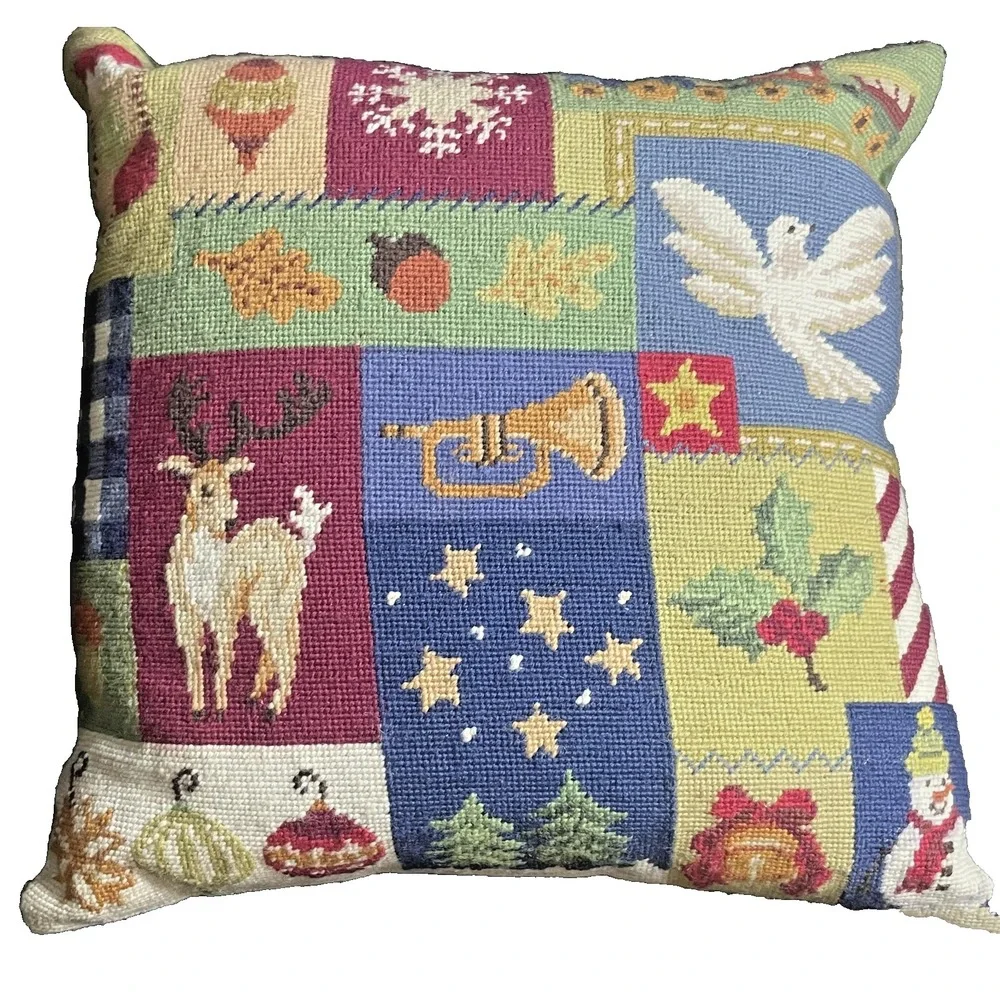 VTG Needlepoint Christmas Pillow Feather Insert 17